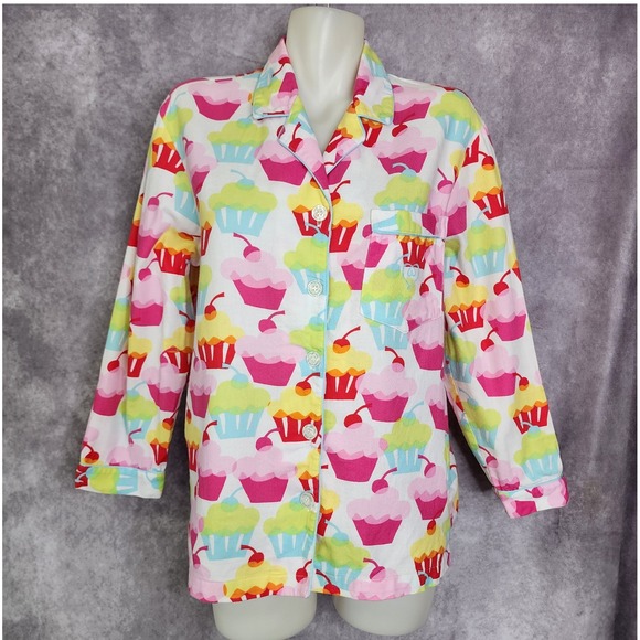 Victoria's Secret Pajama Top Cupcake Print Button Front Sleep Shirt Small - Picture 1 of 12